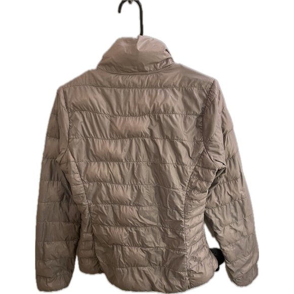 Athleta Womens Small Puffer Coat Beige Gold Goose Down Zip Pockets Snap Quilted - Picture 2 of 14